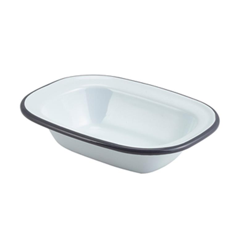 Enamel Rect. Pie Dish White with Grey Rim 16cm