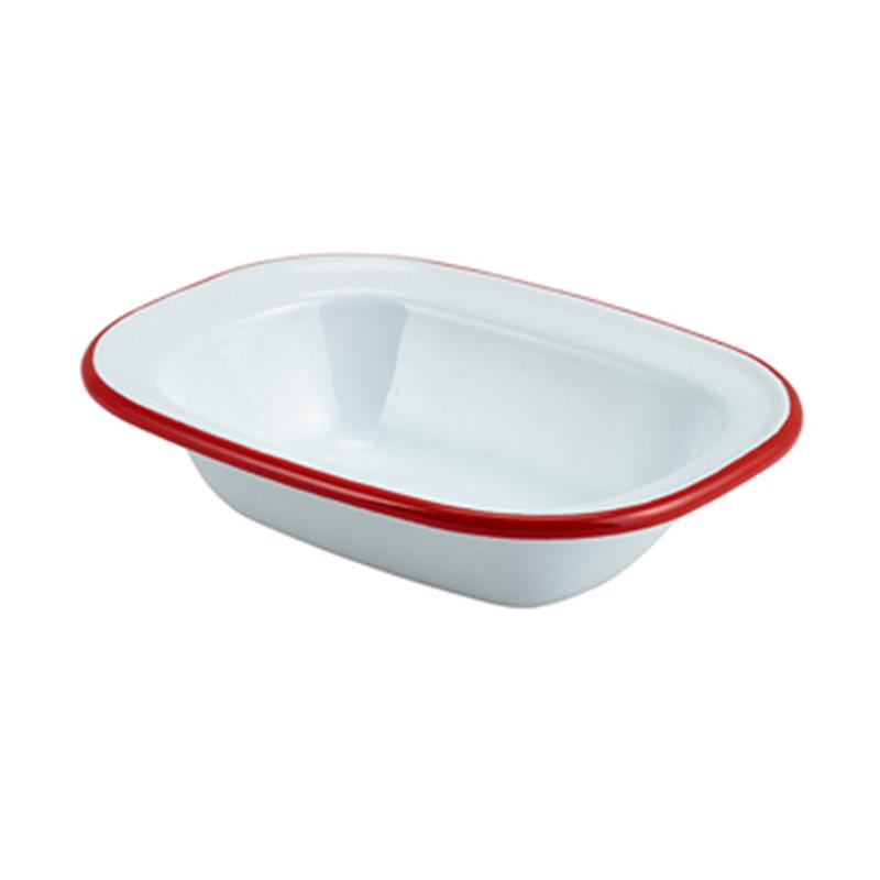 Enamel Rect. Pie Dish White with Red Rim 16cm