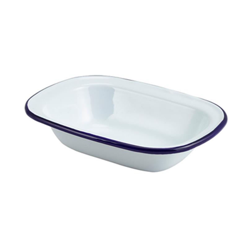 Enamel Rect. Pie Dish White & Blue 18cm