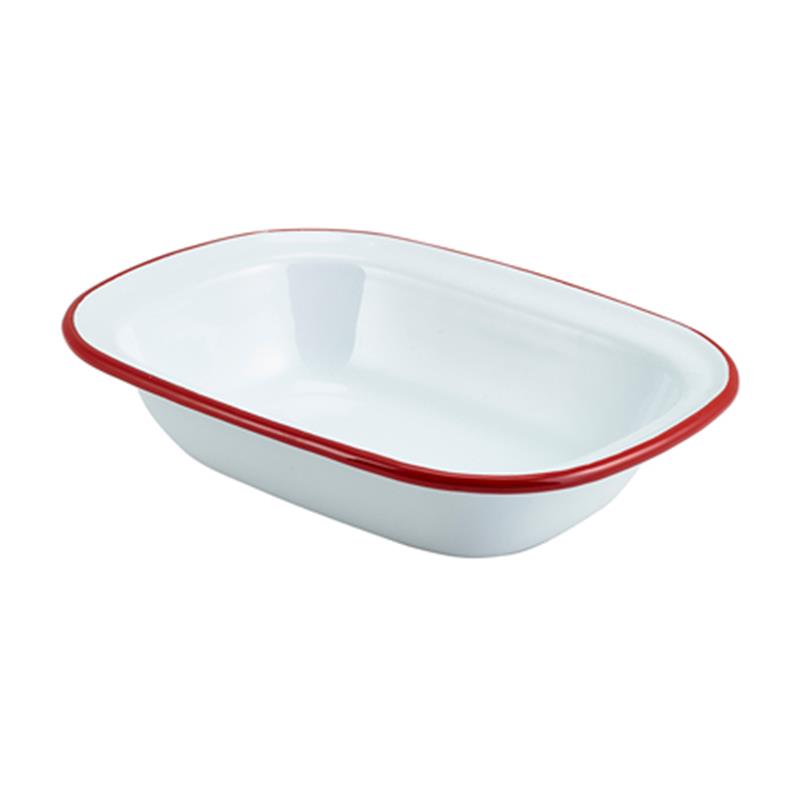 Enamel Rect. Pie Dish White with Red Rim 20cm