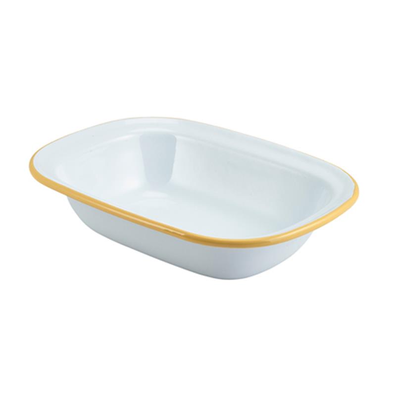 Enamel Rect. Pie Dish White with Yellow Rim 20cm