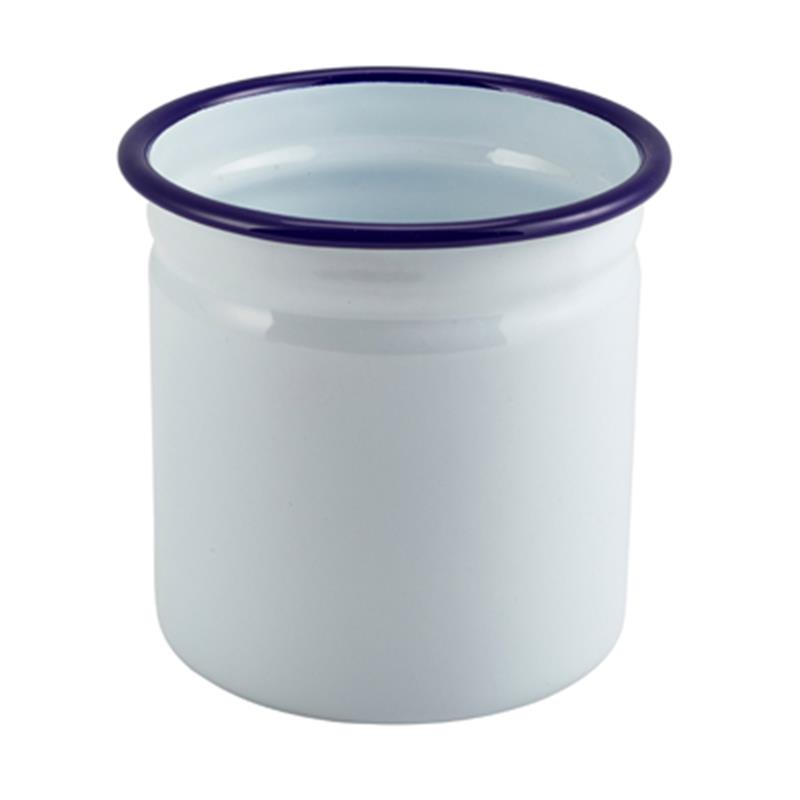 Enamel Cutlery Holder White with Blue Rim 11.5cm Dia