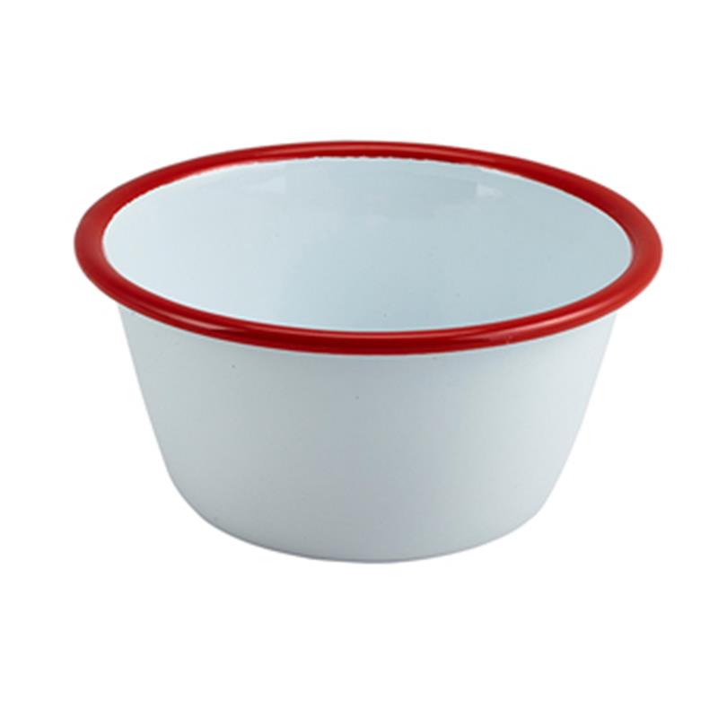 Enamel Round Deep Pie Dish White with Red Rim 12cm