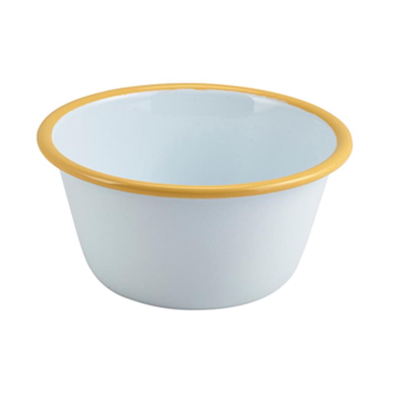 Enamel Round Deep Pie Dish White with Yellow Rim 12cm