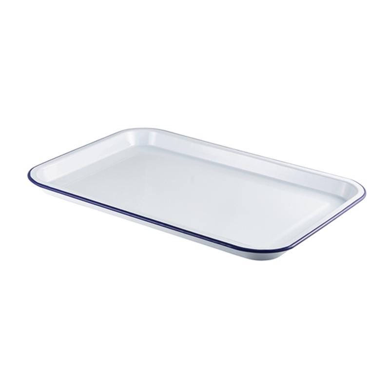 Enamel Serving Tray White with Blue Rim 33.5x23.5x2.2cm