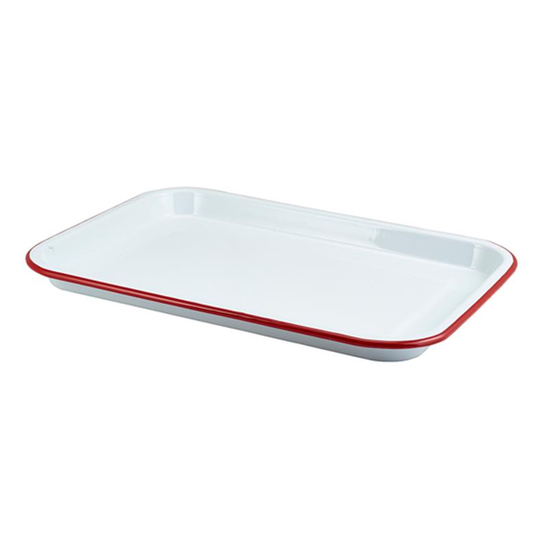 Enamel Serving Tray White with Red Rim 33.5x23.5x2.2cm