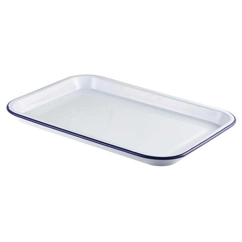 Enamel Serving Tray White with Blue Rim 38.2x26.4x2.2cm